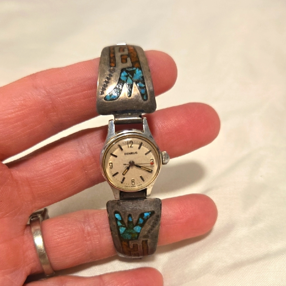 Vintage Silver, Turquoise & Coral Watch Hand Made By Herbert Cayatineto Navajo